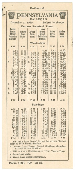 Pennsylvania Railroad Train Schedule, ca. April 19, 1931